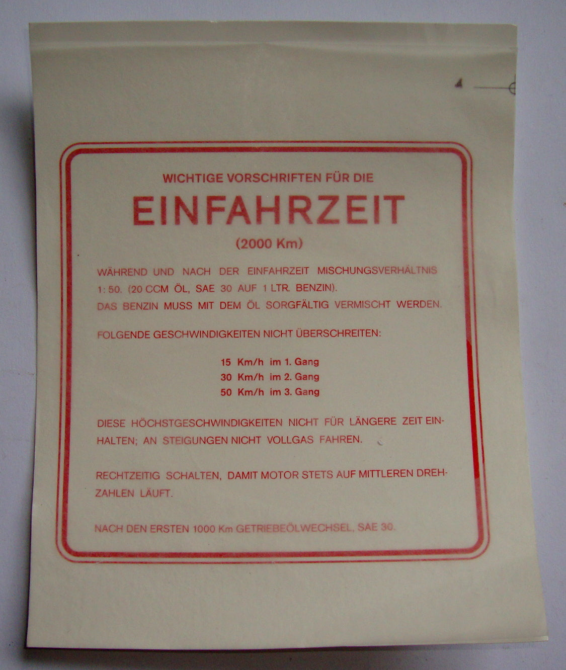 Sticker breaking-in rules, German, red, 3-gears, 1:50
