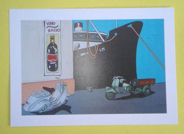 Postkarte Ape und Vespa im Hafen