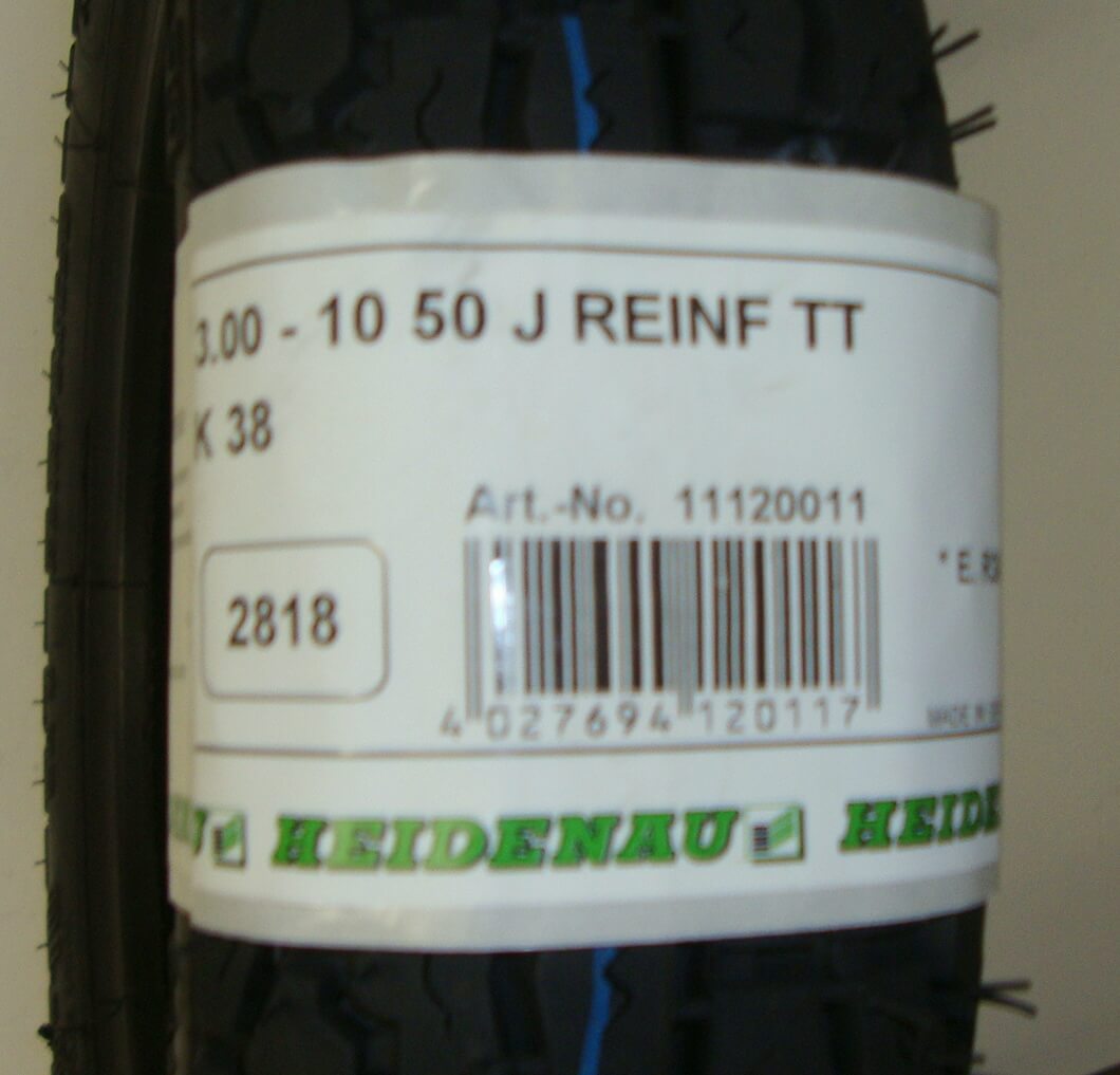 Tire, HEIDENAU K38, Classic, 3.00 x 10, 50 J TT reinforced