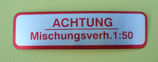 Tankaufkleber, rot, " ACHTUNG MISCHUNGSVERH. 1:50"