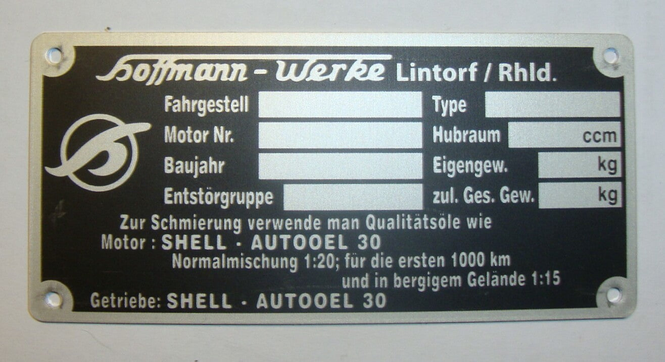 Typenschild, Hoffmann Vespa