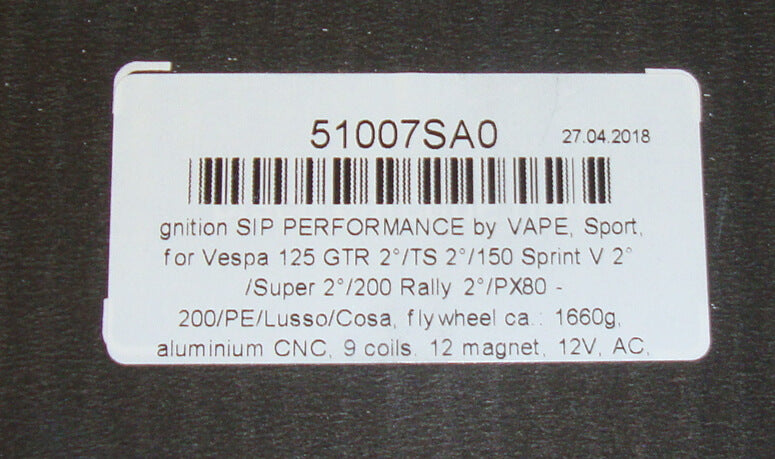 Ignition, SIP PERFORMANCE by VAPE, Sport, AC, Vespa 125 GTR 2°/TS 2°/150 Sprint V 2° /Super 2°/200 Rally 2°/PX80 -200/PE/Lusso/Cosa
