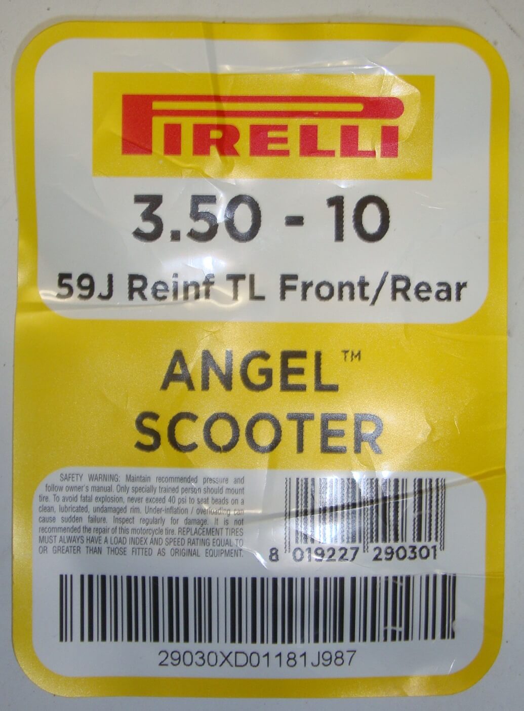 Tire, PIRELLI ANGEL SCOOTER 3.50 x 10, 59J TL reinforced